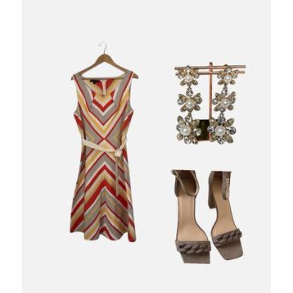 Lafayette 148 New York tan and orange Chevron Striped Sleeveless Dress size 14 - Picture 9 of 10